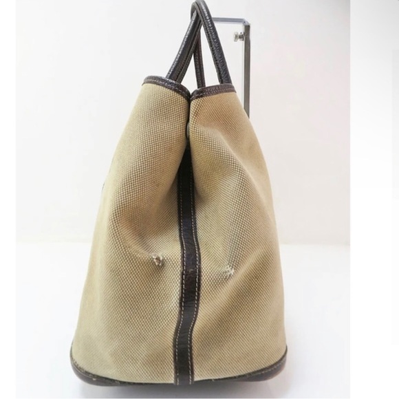 SOLD Auth HERMES Beige Canvas and Brown Leather Garden Party Tote Bag Purse - Picture 3 of 11